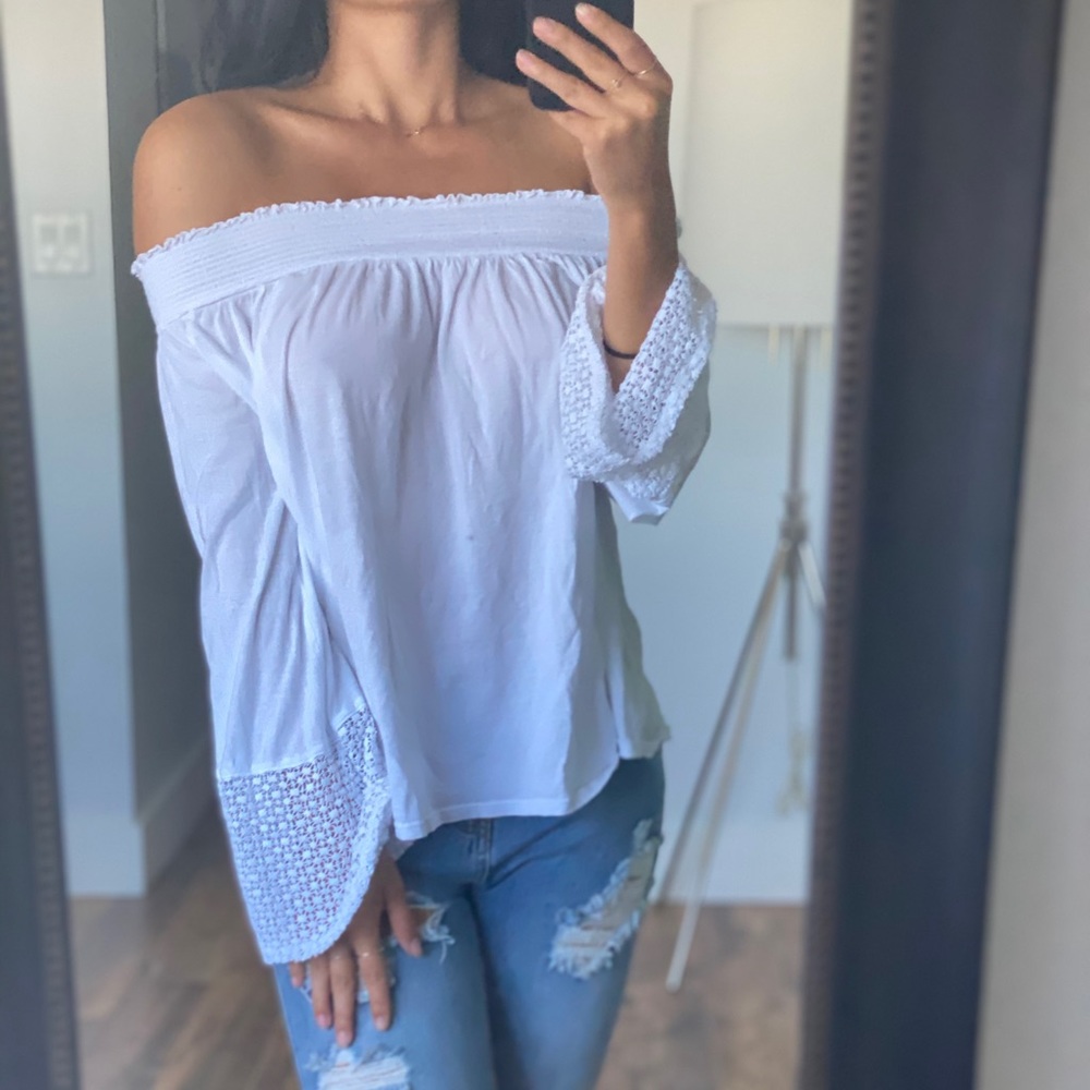 White peasant off shoulder lace summer blouse
